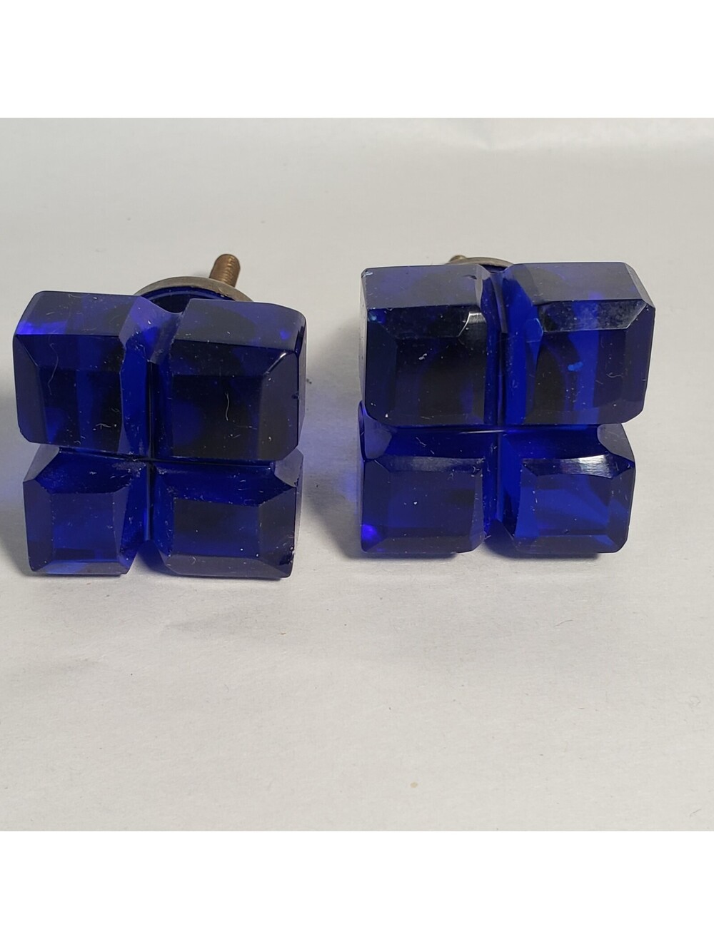 Vintage Cobalt Blue Cut Glass Drawer Knobs Pulls Brass Lot of 6 Square